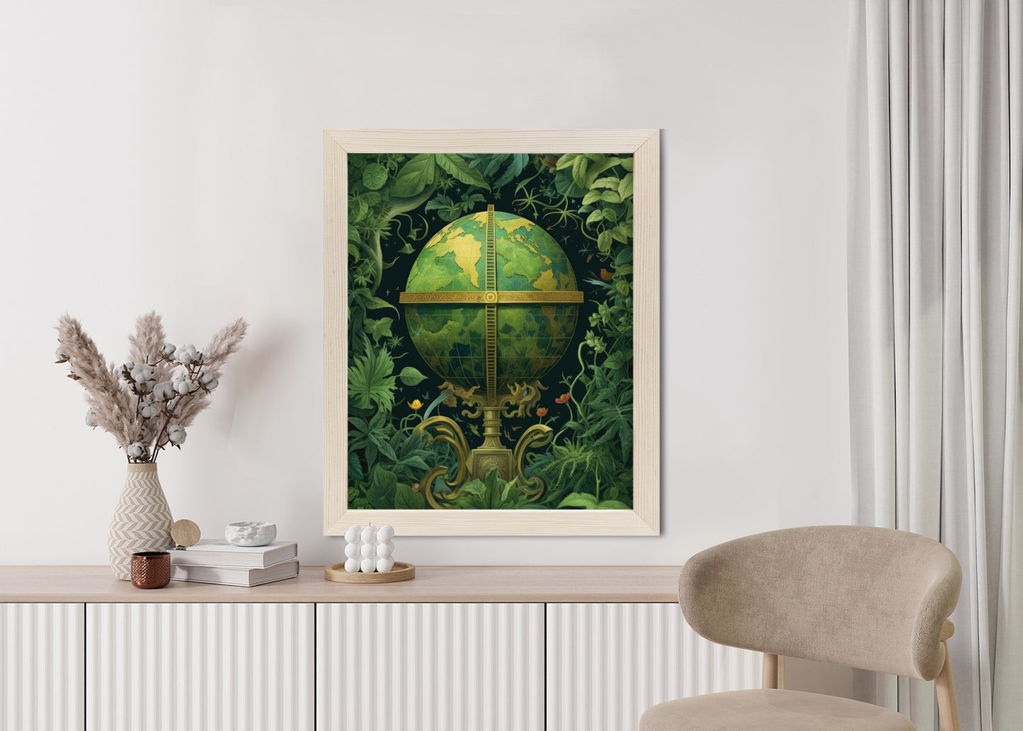 Poster Globus Mit Grünen Blättern Als Symbol Der Natur Rahmen Hölzern Farbe Weiß
