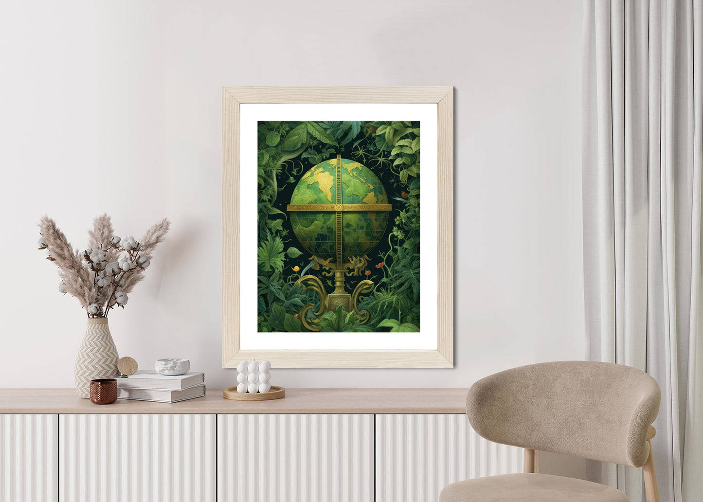 Poster Globus Mit Grünen Blättern Als Symbol Der Natur Rahmen Hölzern Farbe Weiß
