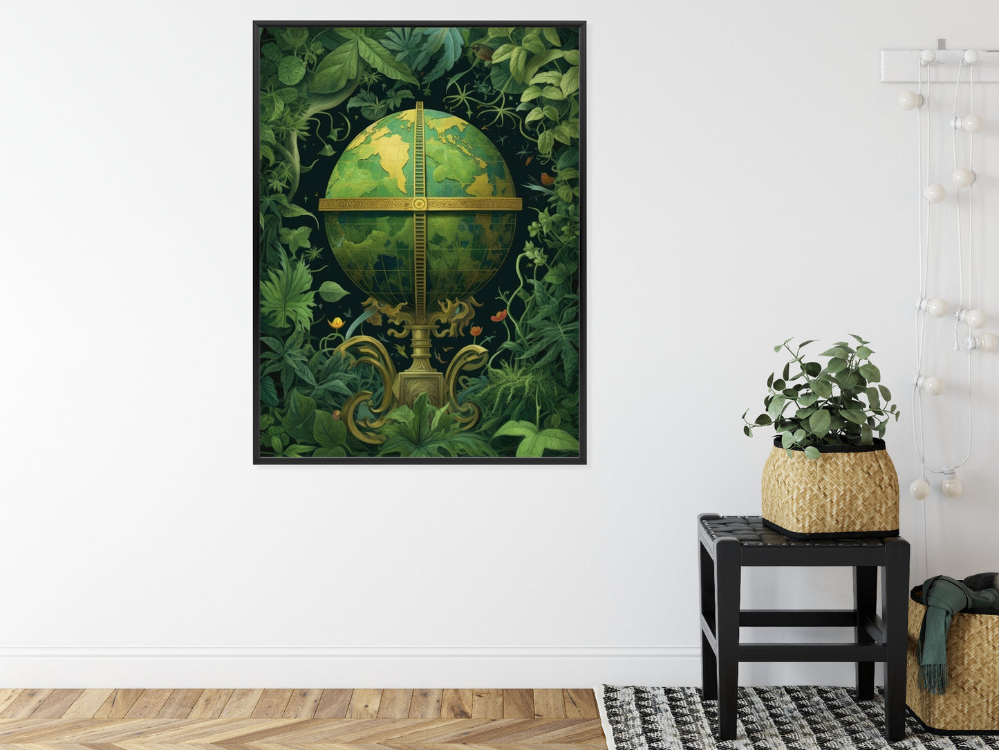 Poster Globus Mit Grünen Blättern Als Symbol Der Natur Rahmen Hölzern Farbe Weiß
