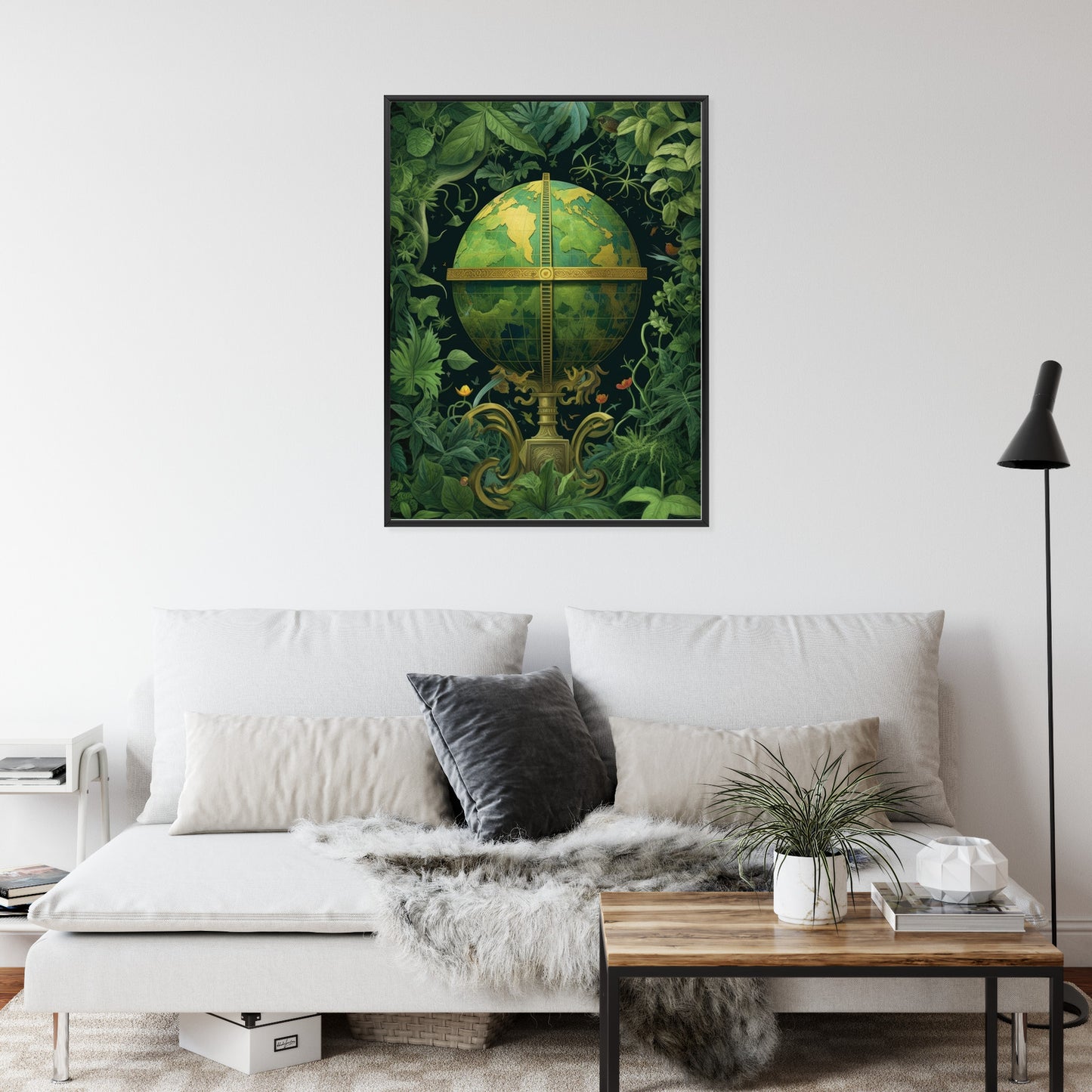 Poster Globus Mit Grünen Blättern Als Symbol Der Natur Rahmen Hölzern Farbe Weiß