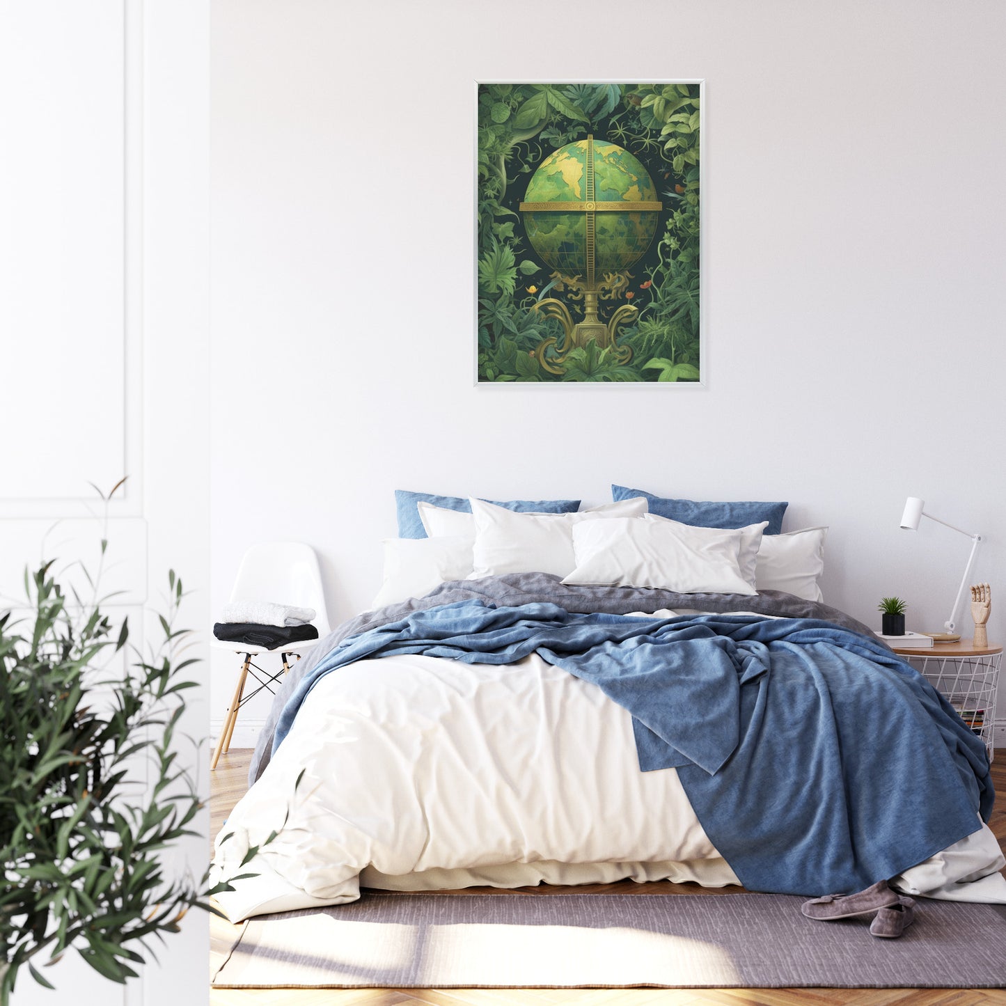 Poster Globus Mit Grünen Blättern Als Symbol Der Natur Rahmen Hölzern Farbe Weiß