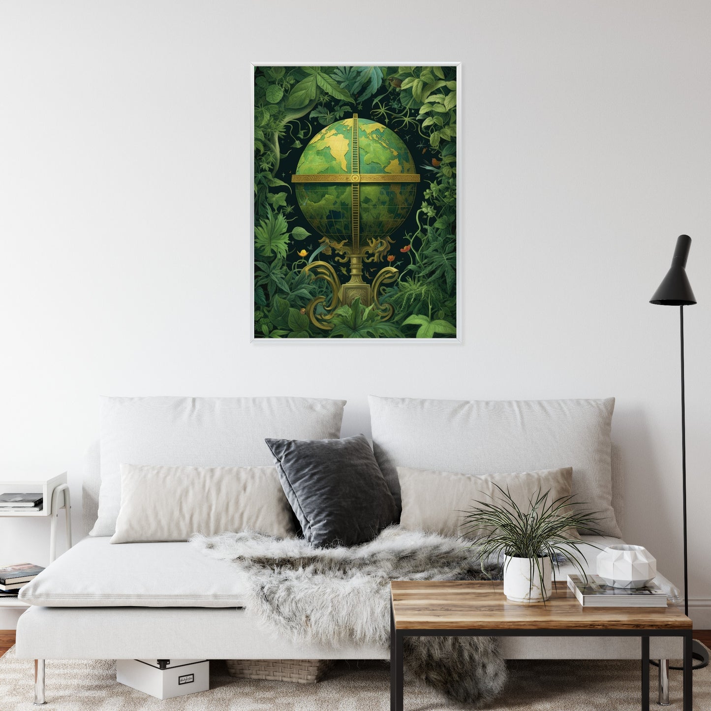 Poster Globus Mit Grünen Blättern Als Symbol Der Natur Rahmen Hölzern Farbe Weiß