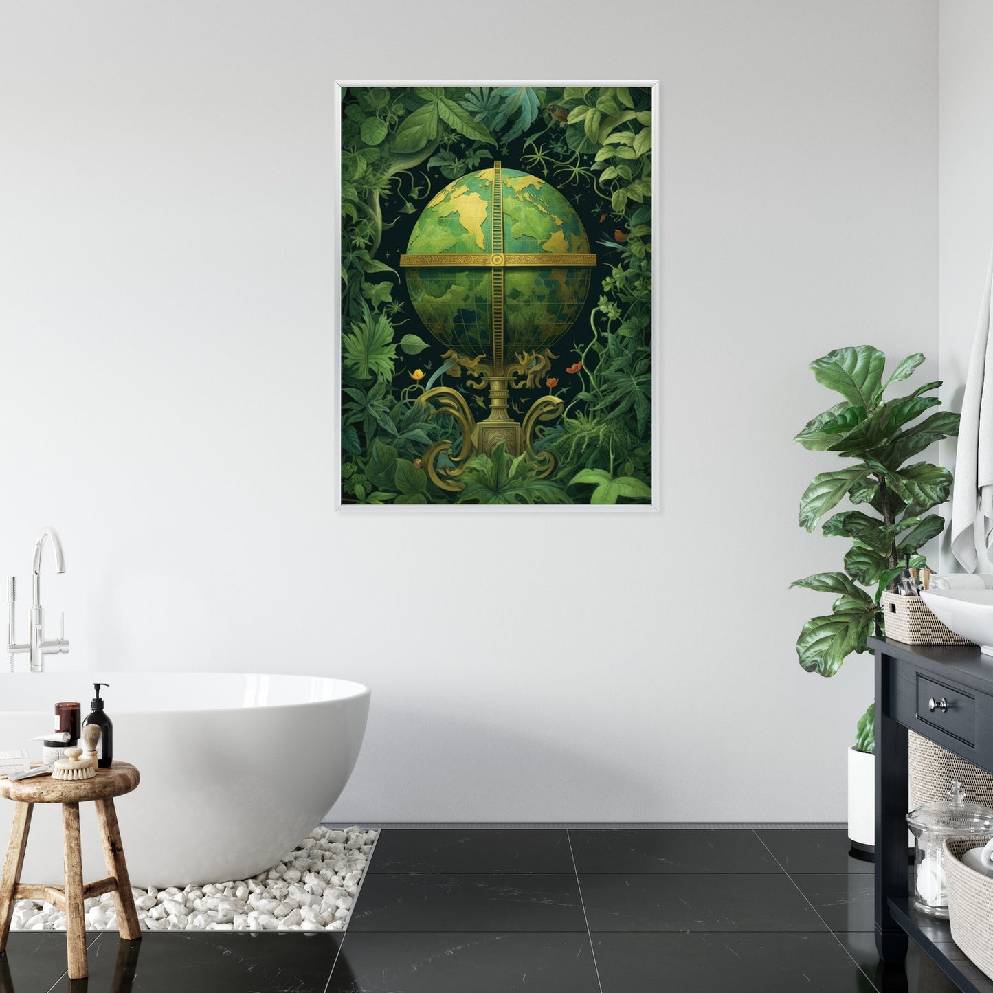 Poster Globus Mit Grünen Blättern Als Symbol Der Natur Rahmen Hölzern Farbe Weiß