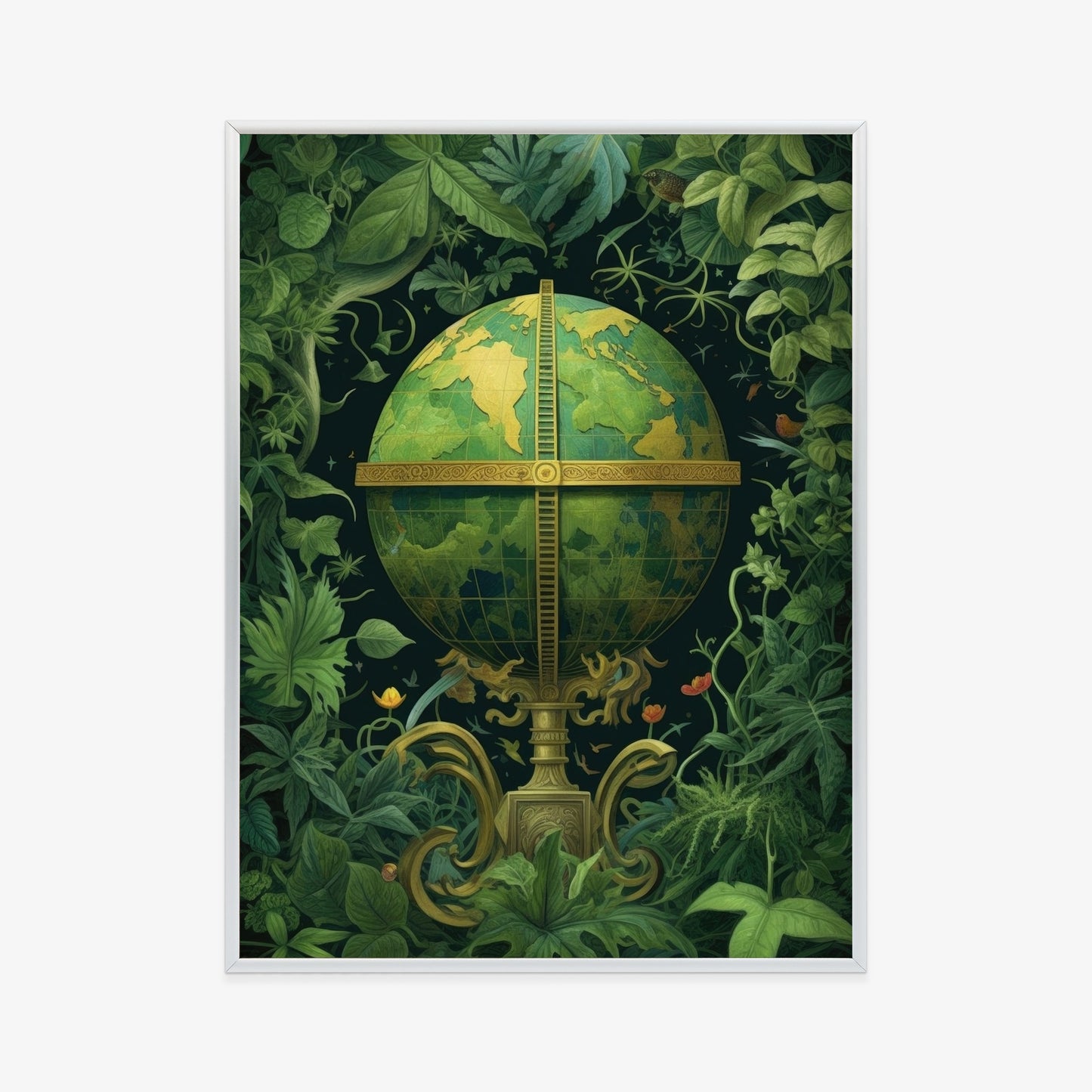 Poster Globus Mit Grünen Blättern Als Symbol Der Natur Rahmen Hölzern Farbe Weiß