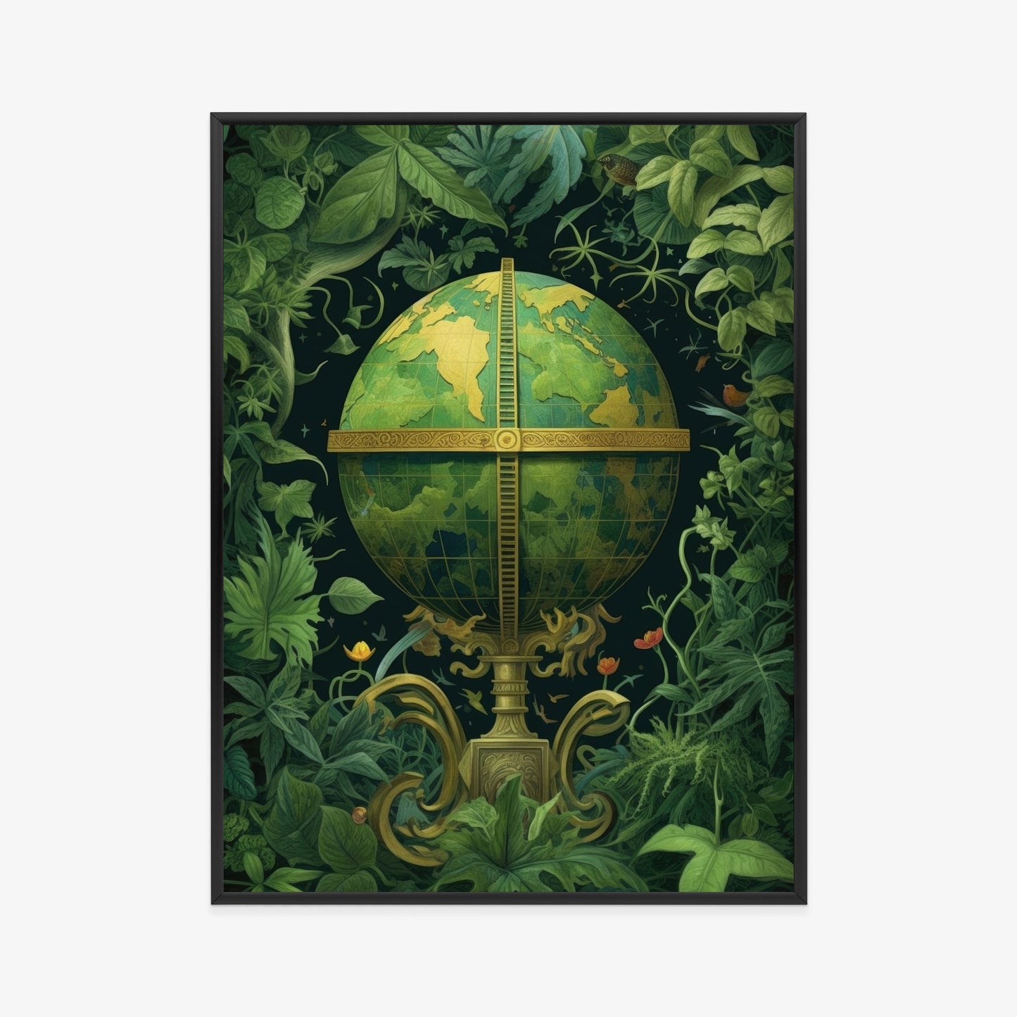 Poster Globus Mit Grünen Blättern Als Symbol Der Natur Rahmen Hölzern Farbe Weiß