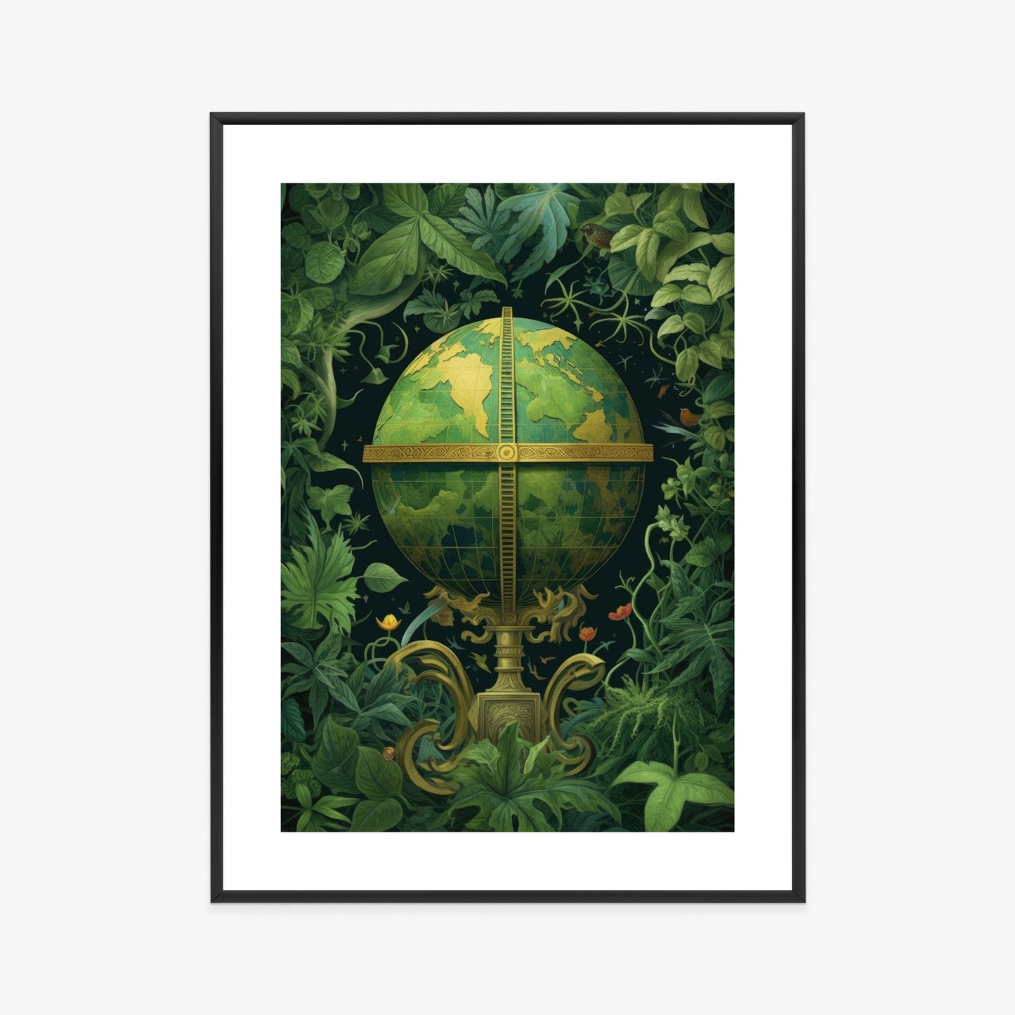 Poster Globus Mit Grünen Blättern Als Symbol Der Natur Rahmen Hölzern Farbe Weiß