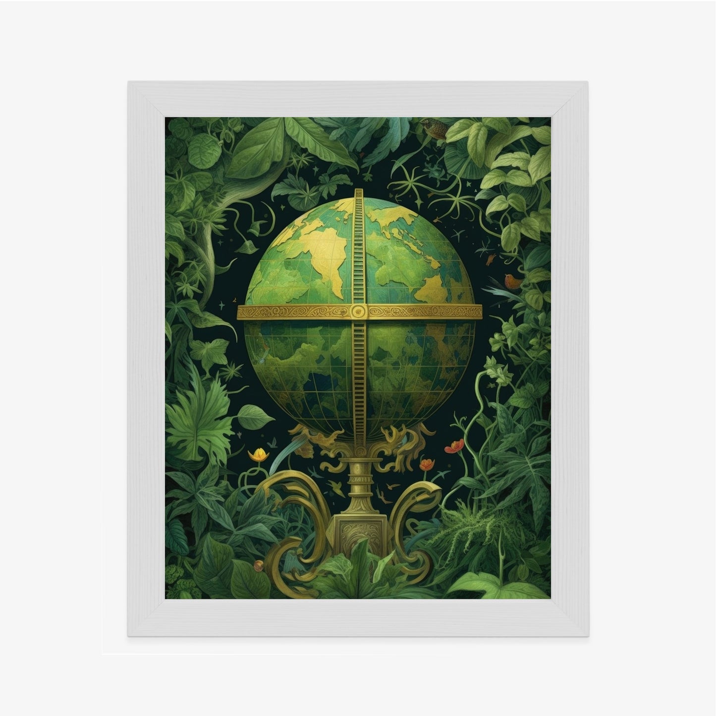Poster Globus Mit Grünen Blättern Als Symbol Der Natur Rahmen Hölzern Farbe Weiß