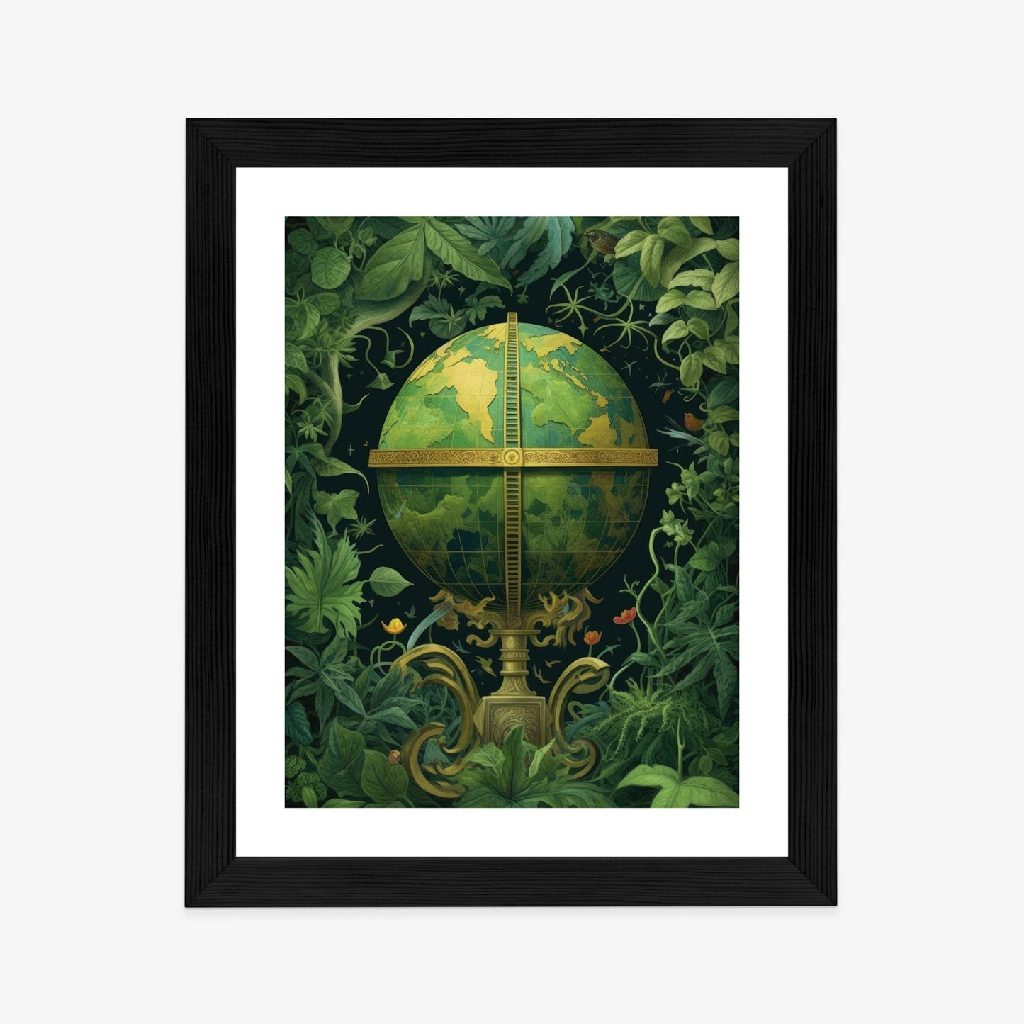 Poster Globus Mit Grünen Blättern Als Symbol Der Natur Rahmen Hölzern Farbe Weiß