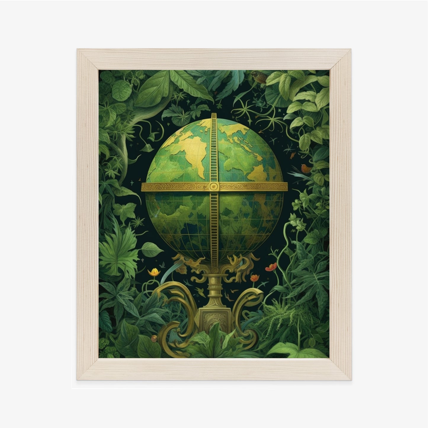 Poster Globus Mit Grünen Blättern Als Symbol Der Natur Rahmen Hölzern Farbe Weiß