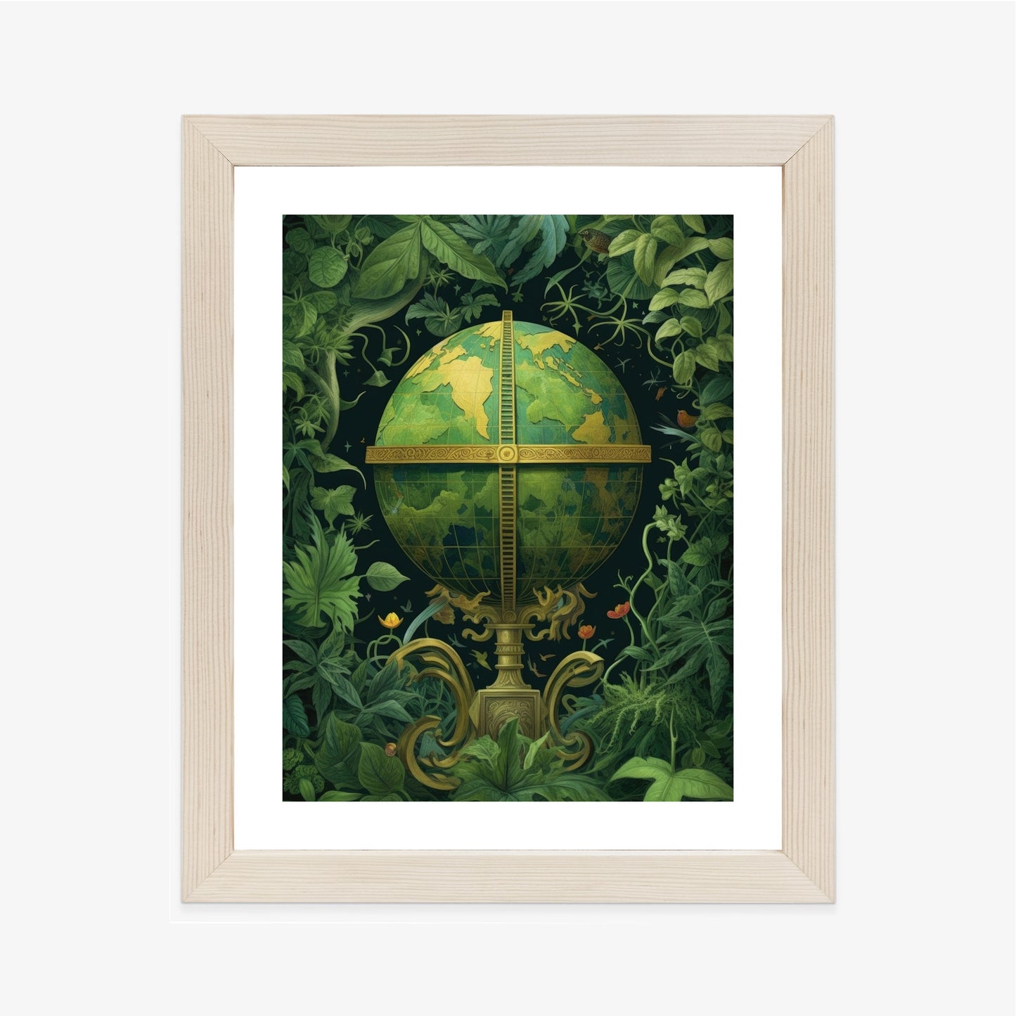 Poster Globus Mit Grünen Blättern Als Symbol Der Natur Rahmen Hölzern Farbe Weiß