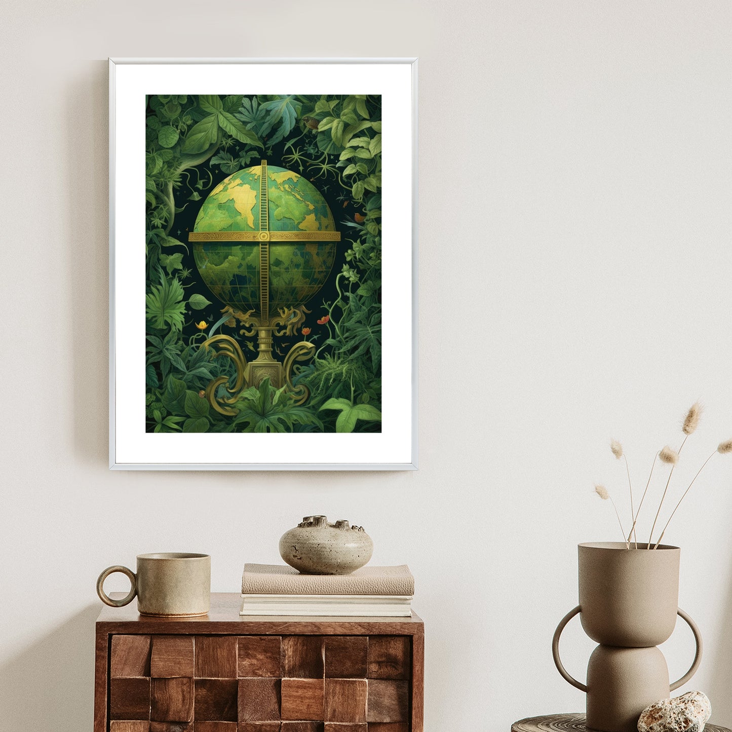 Poster Globus Mit Grünen Blättern Als Symbol Der Natur Rahmen Hölzern Farbe Weiß