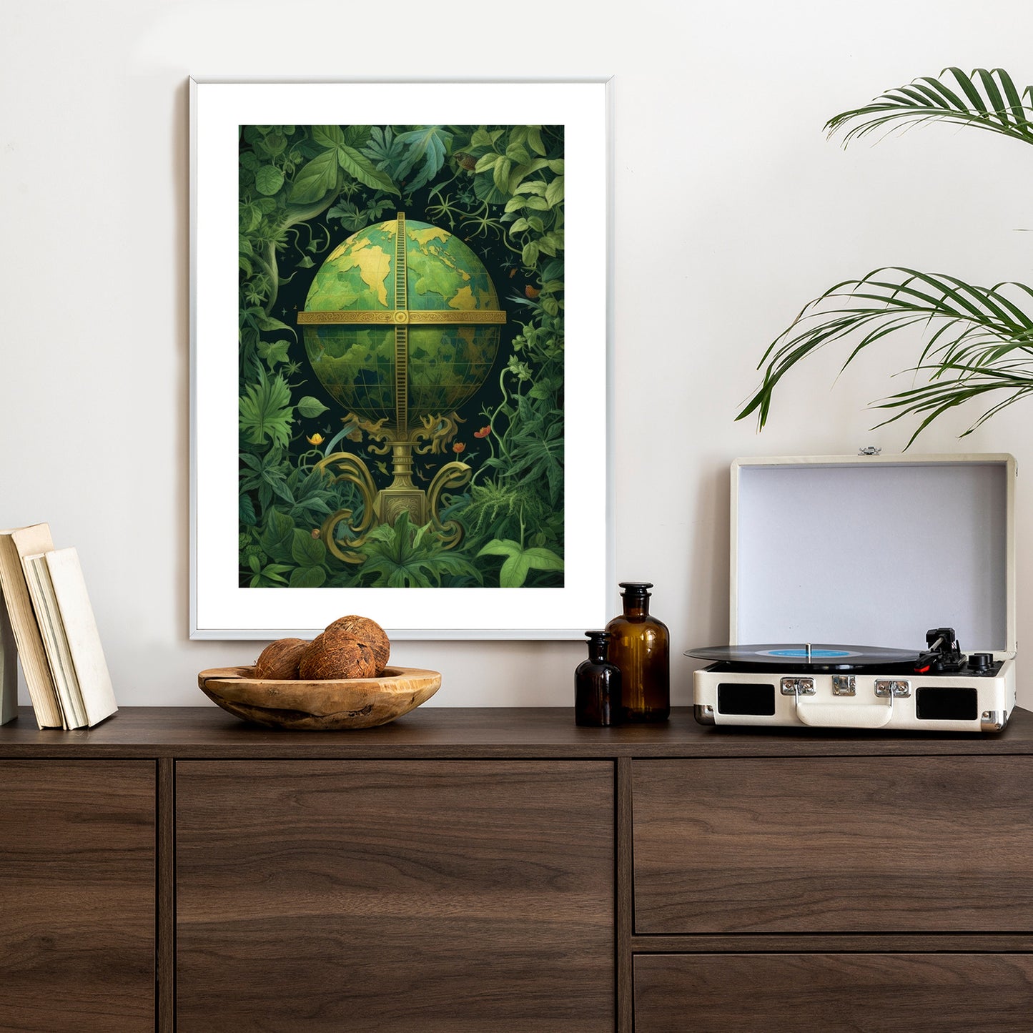Poster Globus Mit Grünen Blättern Als Symbol Der Natur Rahmen Hölzern Farbe Weiß