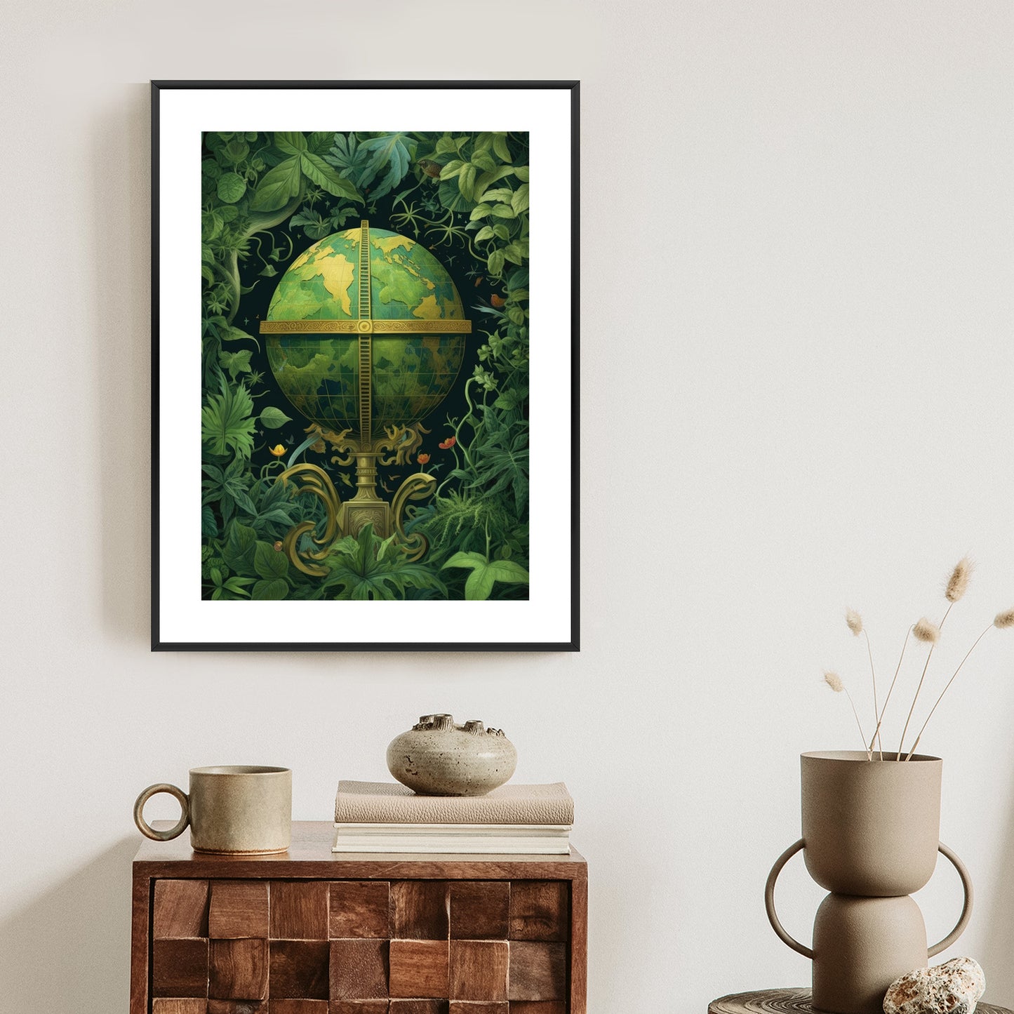 Poster Globus Mit Grünen Blättern Als Symbol Der Natur Rahmen Hölzern Farbe Weiß