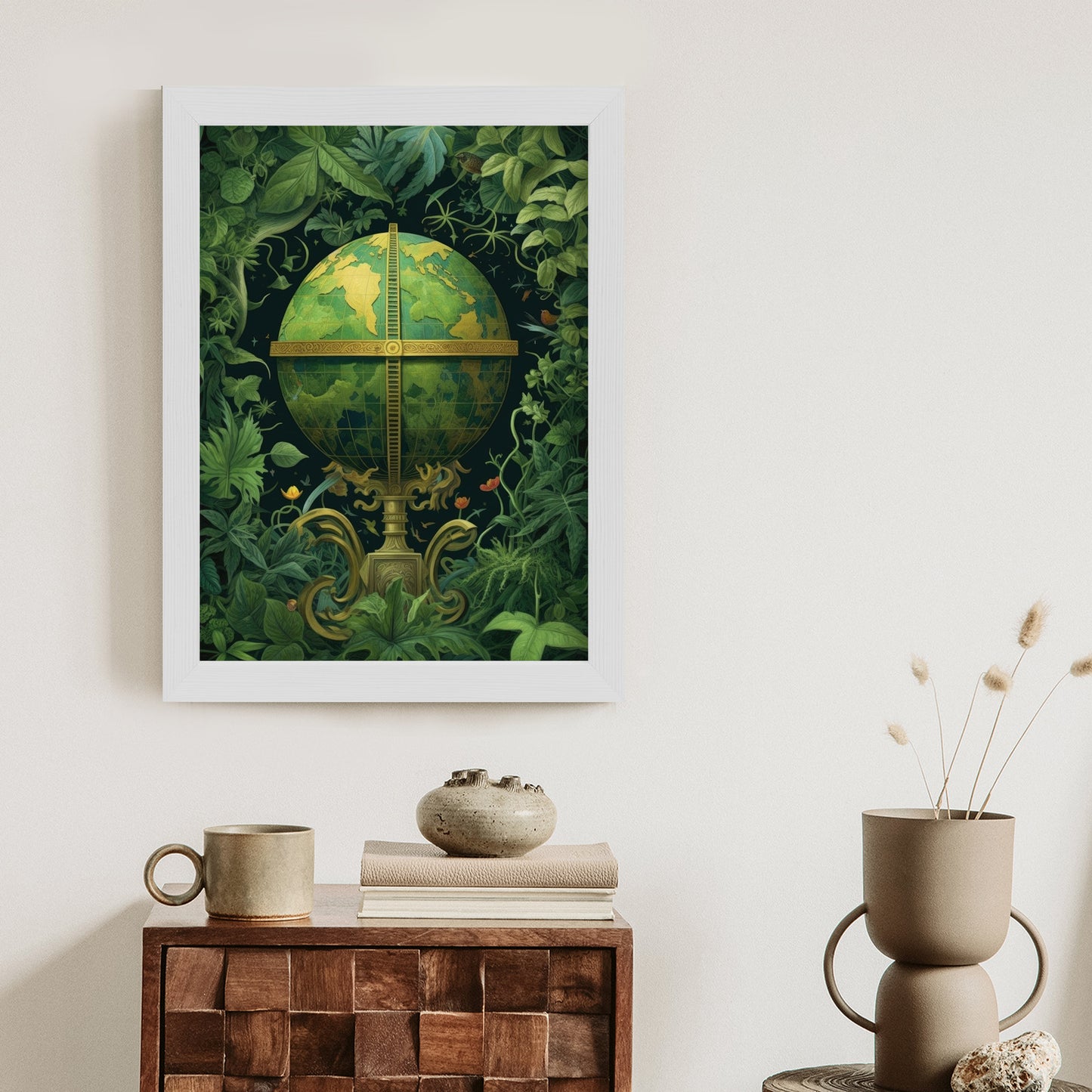 Poster Globus Mit Grünen Blättern Als Symbol Der Natur Rahmen Hölzern Farbe Weiß