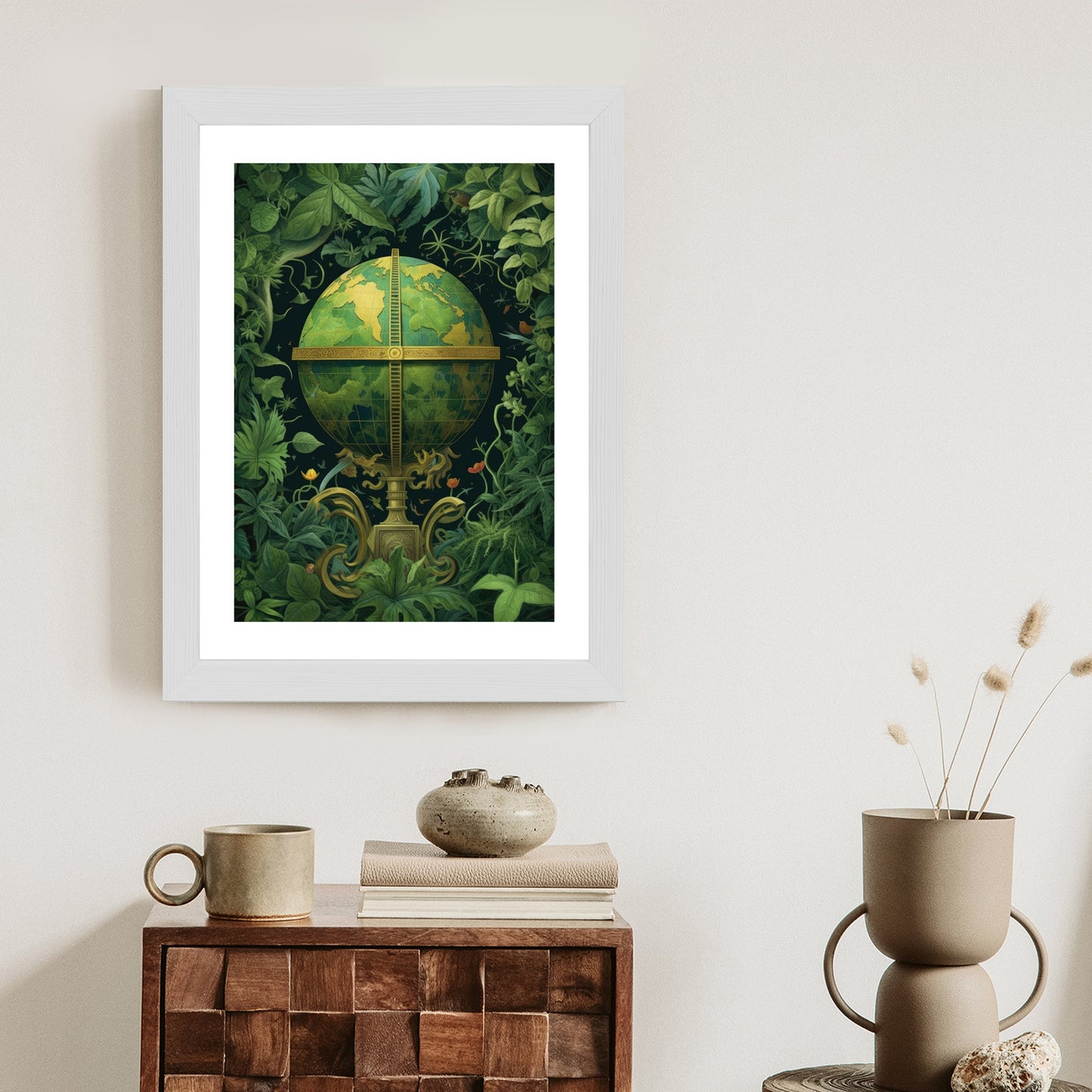 Poster Globus Mit Grünen Blättern Als Symbol Der Natur Rahmen Hölzern Farbe Weiß