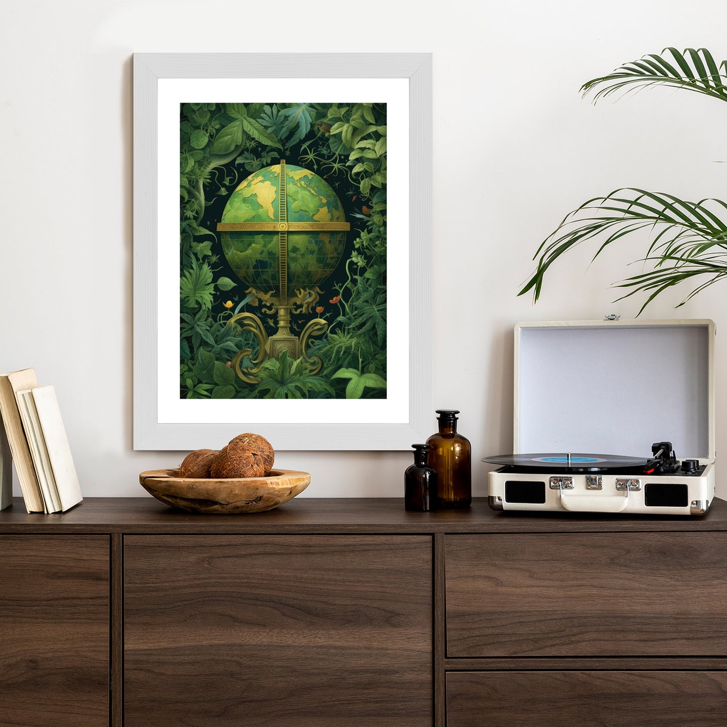 Poster Globus Mit Grünen Blättern Als Symbol Der Natur Rahmen Hölzern Farbe Weiß