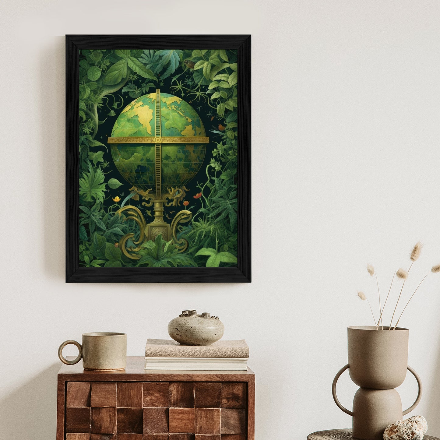 Poster Globus Mit Grünen Blättern Als Symbol Der Natur Rahmen Hölzern Farbe Weiß