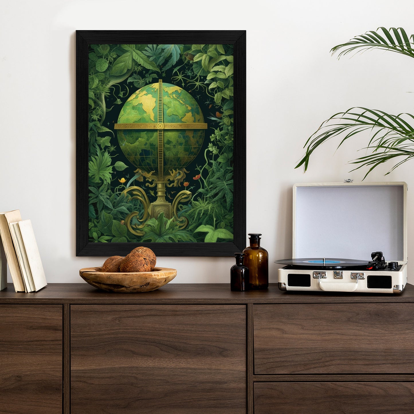Poster Globus Mit Grünen Blättern Als Symbol Der Natur Rahmen Hölzern Farbe Weiß