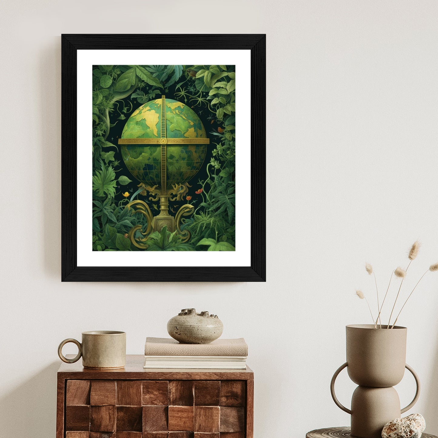 Poster Globus Mit Grünen Blättern Als Symbol Der Natur Rahmen Hölzern Farbe Weiß