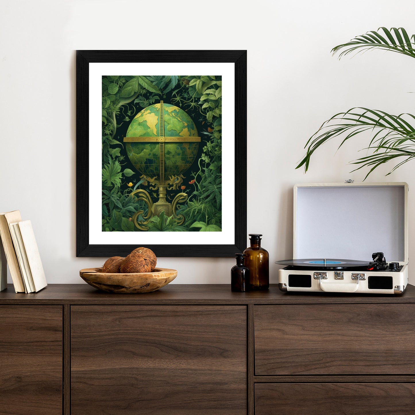 Poster Globus Mit Grünen Blättern Als Symbol Der Natur Rahmen Hölzern Farbe Weiß