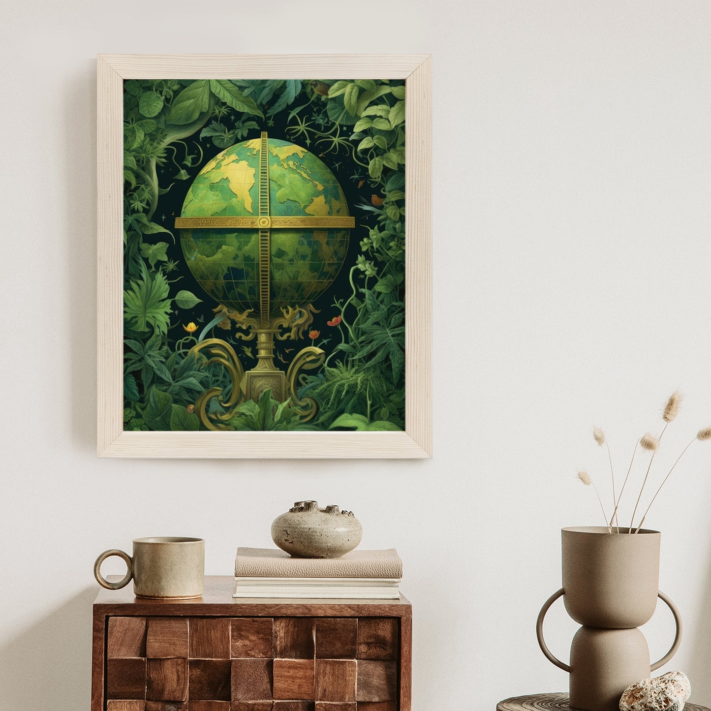 Poster Globus Mit Grünen Blättern Als Symbol Der Natur Rahmen Hölzern Farbe Weiß
