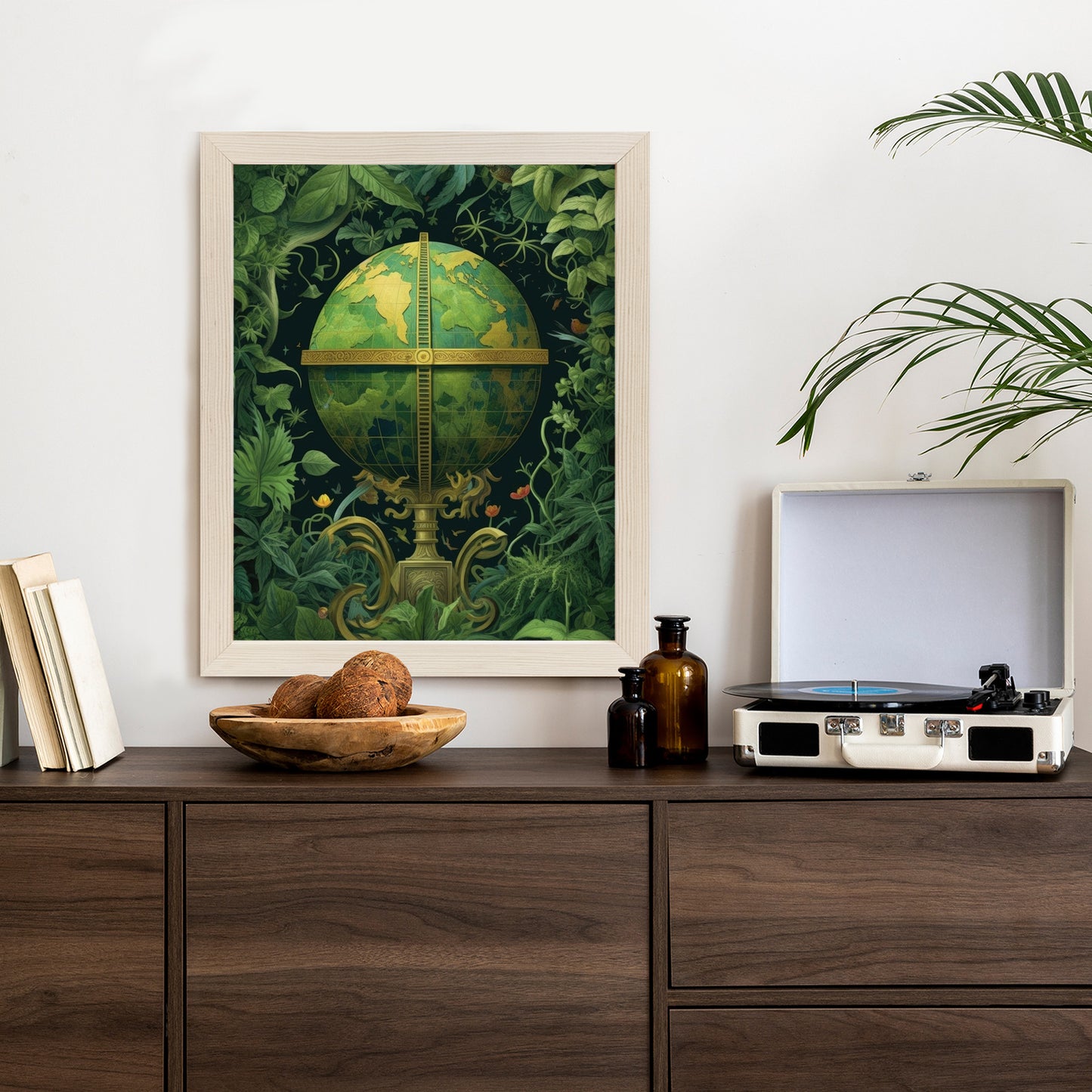Poster Globus Mit Grünen Blättern Als Symbol Der Natur Rahmen Hölzern Farbe Weiß