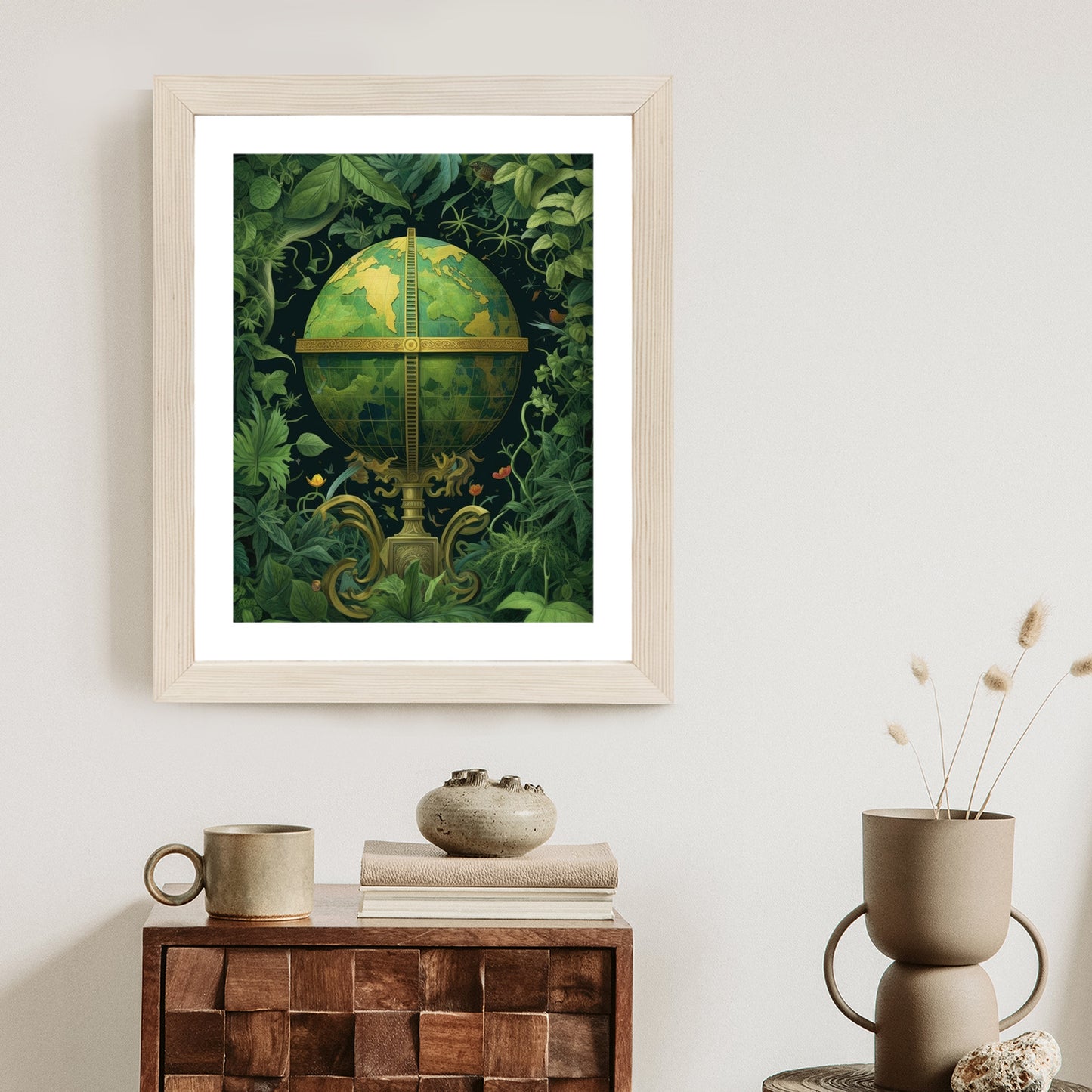 Poster Globus Mit Grünen Blättern Als Symbol Der Natur Rahmen Hölzern Farbe Weiß