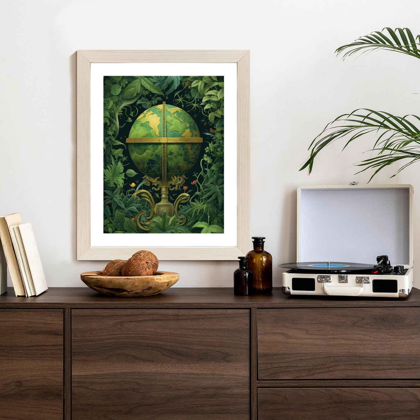 Poster Globus Mit Grünen Blättern Als Symbol Der Natur Rahmen Hölzern Farbe Weiß