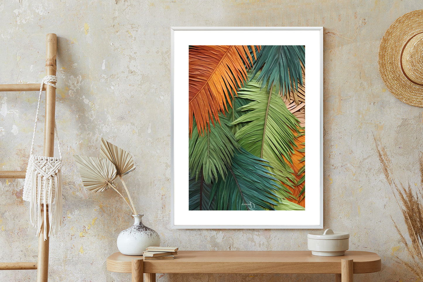 Poster Bunte Palmblätter Aus Geschnittenem Papier Rahmen Holz Mit Passepartout Farbe Natürlich