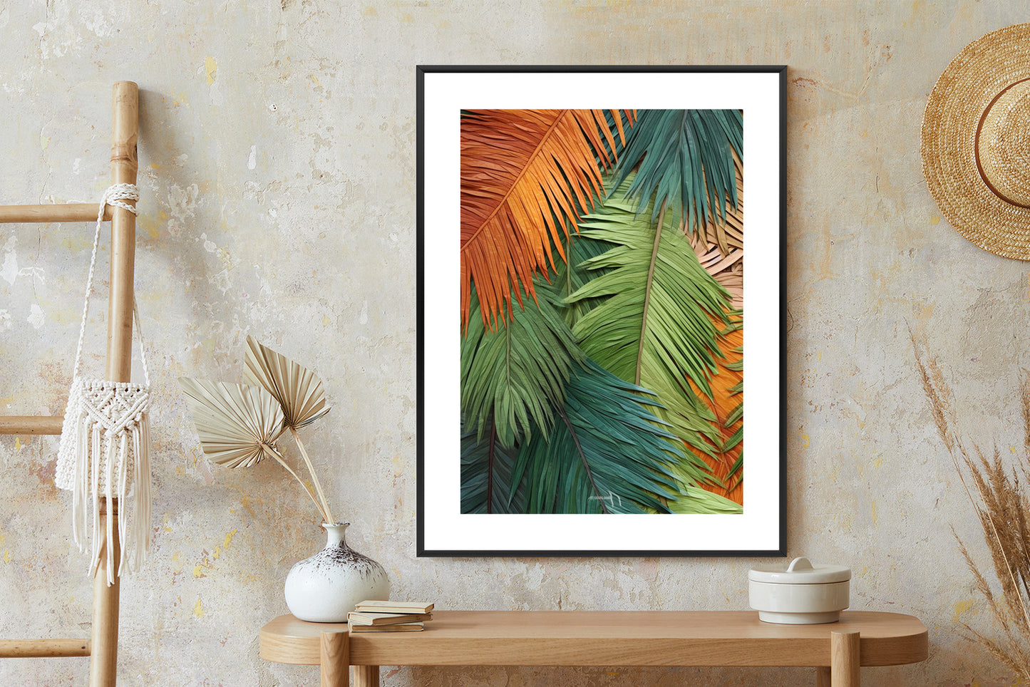 Poster Bunte Palmblätter Aus Geschnittenem Papier Rahmen Holz Mit Passepartout Farbe Natürlich