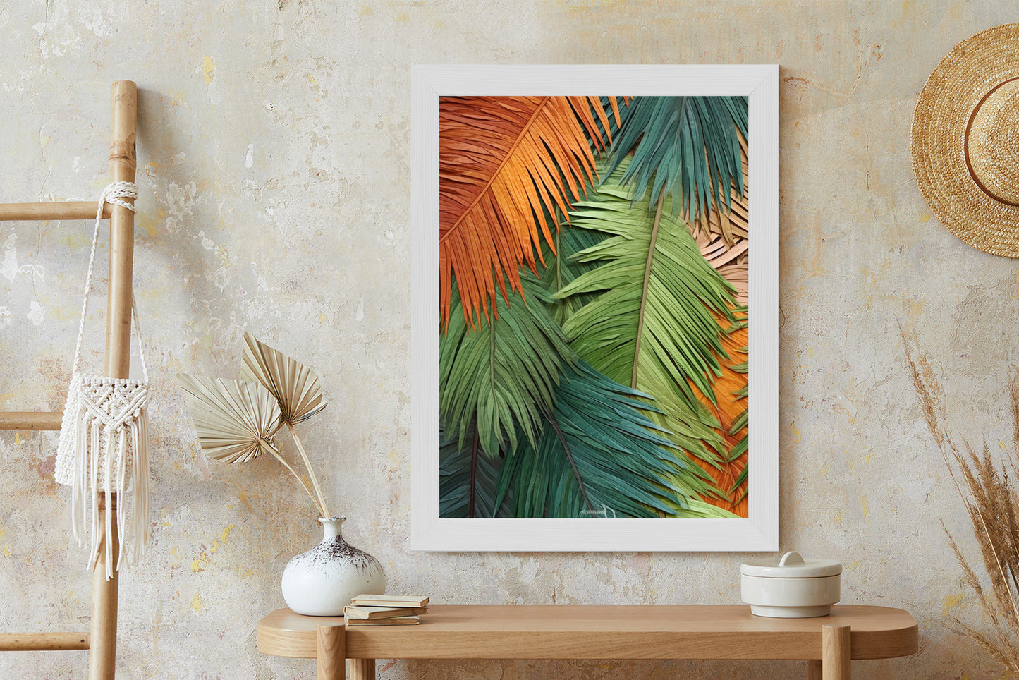 Poster Bunte Palmblätter Aus Geschnittenem Papier Rahmen Holz Mit Passepartout Farbe Natürlich