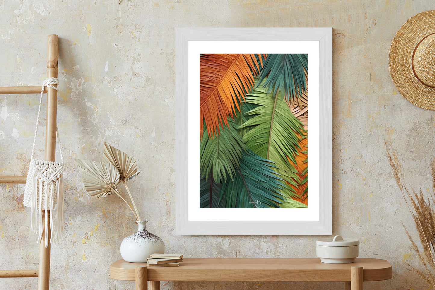 Poster Bunte Palmblätter Aus Geschnittenem Papier Rahmen Holz Mit Passepartout Farbe Natürlich