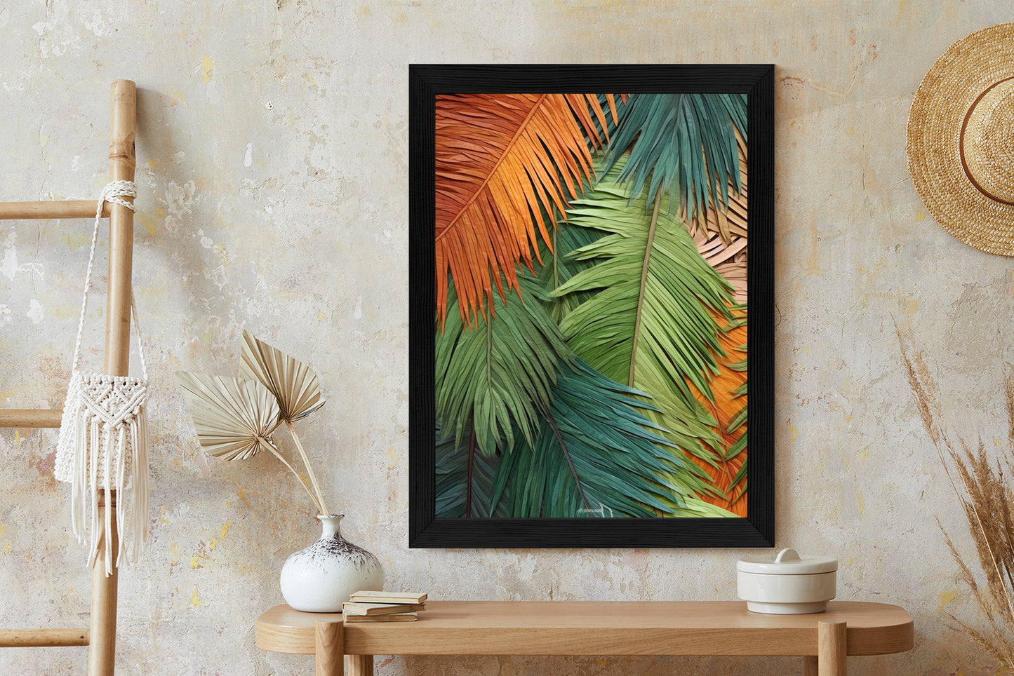 Poster Bunte Palmblätter Aus Geschnittenem Papier Rahmen Holz Mit Passepartout Farbe Natürlich
