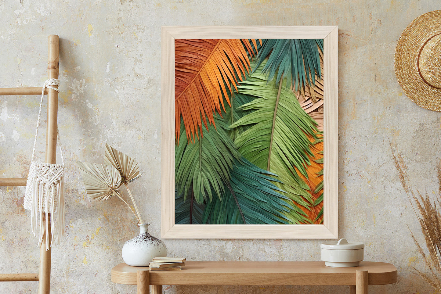 Poster Bunte Palmblätter Aus Geschnittenem Papier Rahmen Holz Mit Passepartout Farbe Natürlich