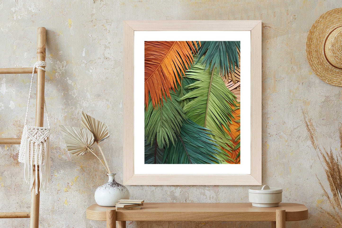 Poster Bunte Palmblätter Aus Geschnittenem Papier Rahmen Holz Mit Passepartout Farbe Natürlich