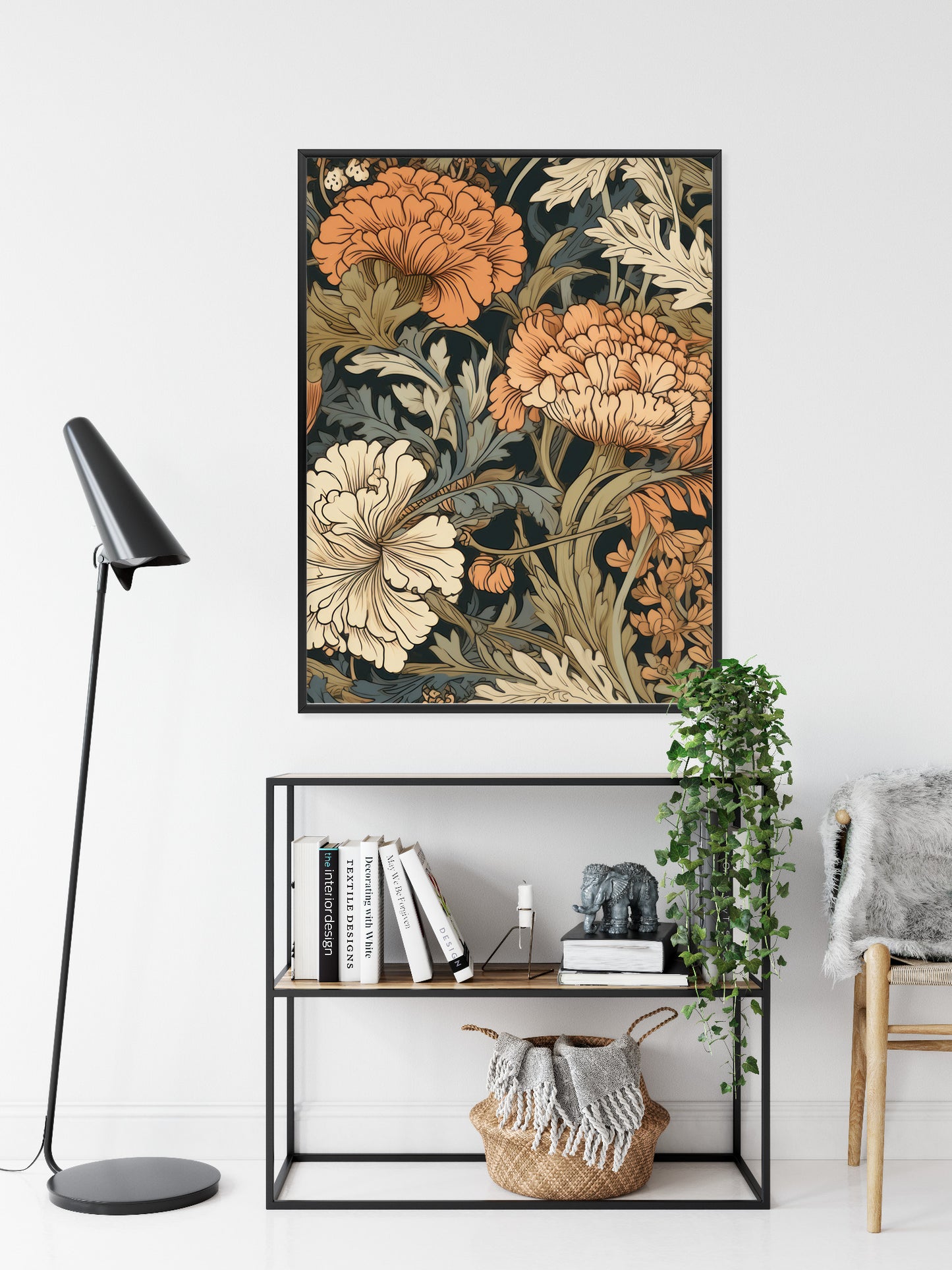 Poster Retro-Vintage-Blumen Und Blätter Rahmen Holz Mit Passepartout Farbe Natürlich