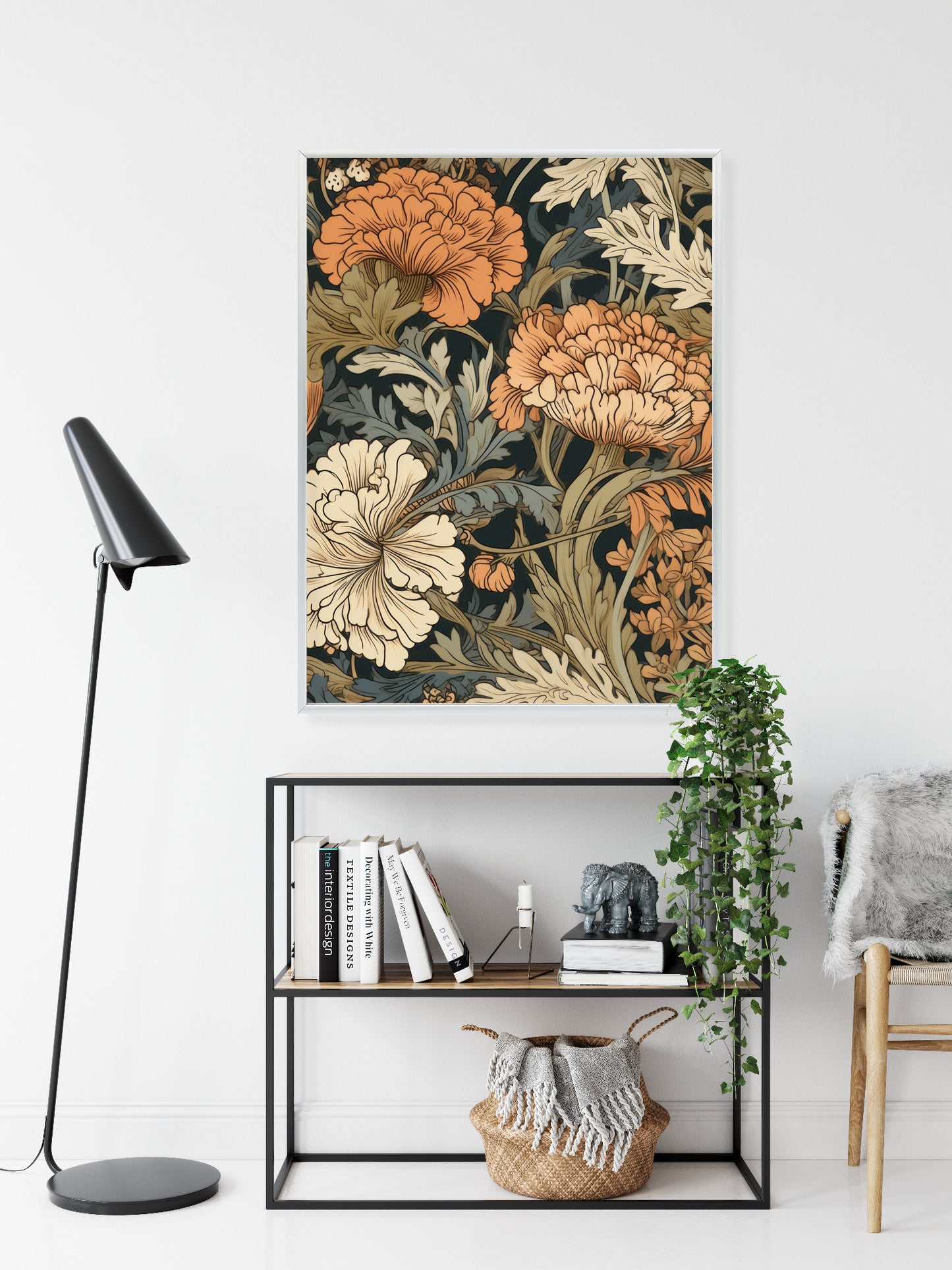 Poster Retro-Vintage-Blumen Und Blätter Rahmen Holz Mit Passepartout Farbe Natürlich