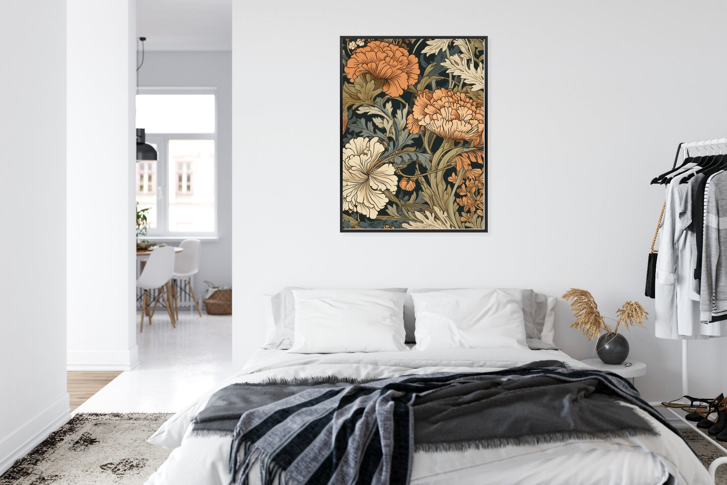 Poster Retro-Vintage-Blumen Und Blätter Rahmen Holz Mit Passepartout Farbe Natürlich