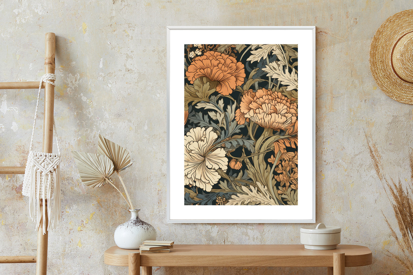 Poster Retro-Vintage-Blumen Und Blätter Rahmen Holz Mit Passepartout Farbe Natürlich