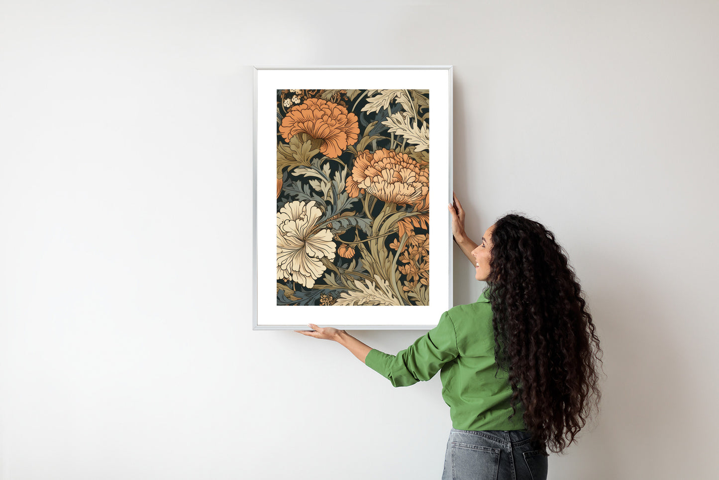 Poster Retro-Vintage-Blumen Und Blätter Rahmen Holz Mit Passepartout Farbe Natürlich