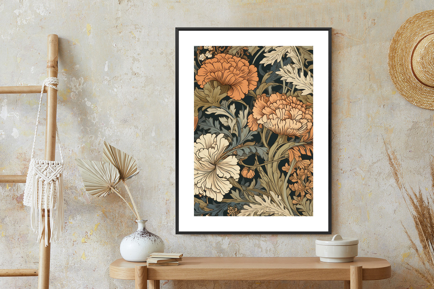 Poster Retro-Vintage-Blumen Und Blätter Rahmen Holz Mit Passepartout Farbe Natürlich