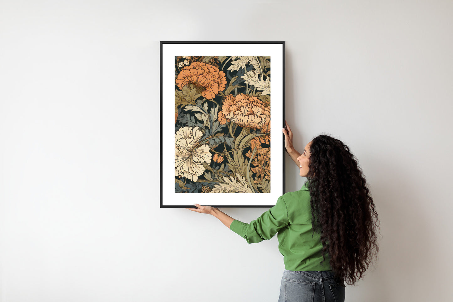 Poster Retro-Vintage-Blumen Und Blätter Rahmen Holz Mit Passepartout Farbe Natürlich