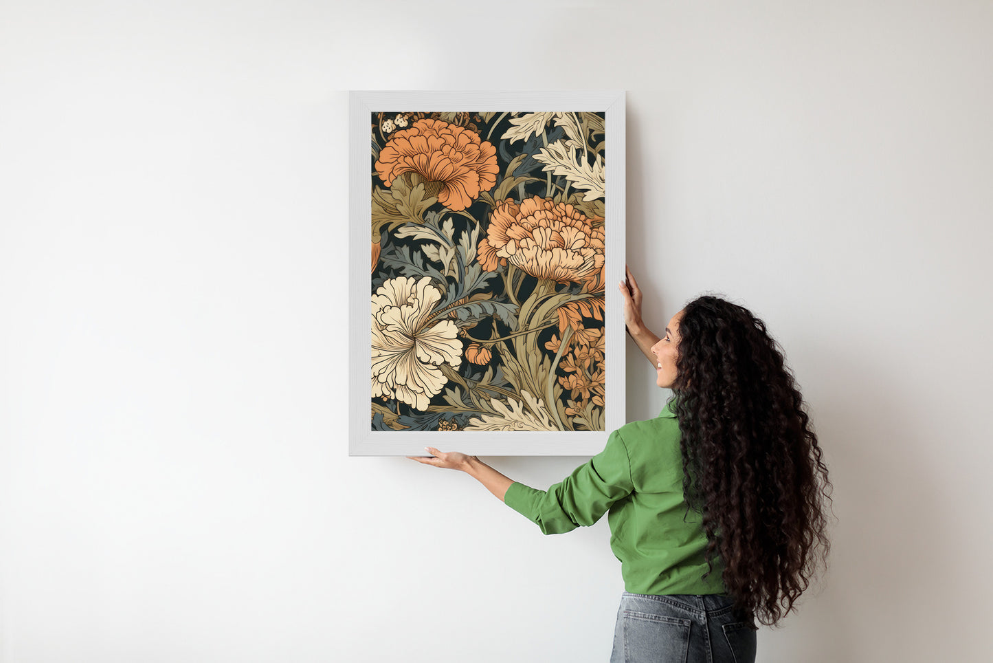Poster Retro-Vintage-Blumen Und Blätter Rahmen Holz Mit Passepartout Farbe Natürlich