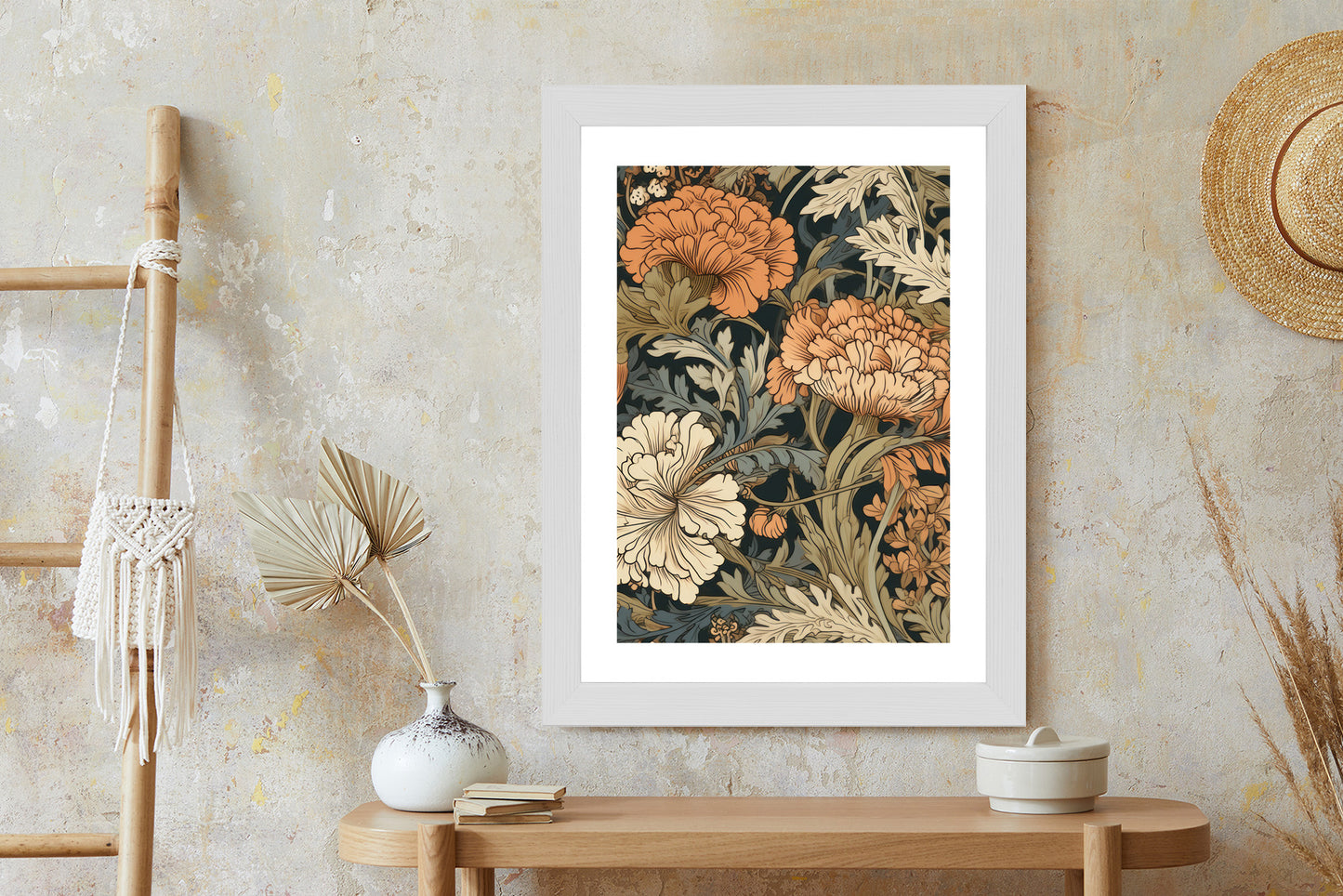 Poster Retro-Vintage-Blumen Und Blätter Rahmen Holz Mit Passepartout Farbe Natürlich