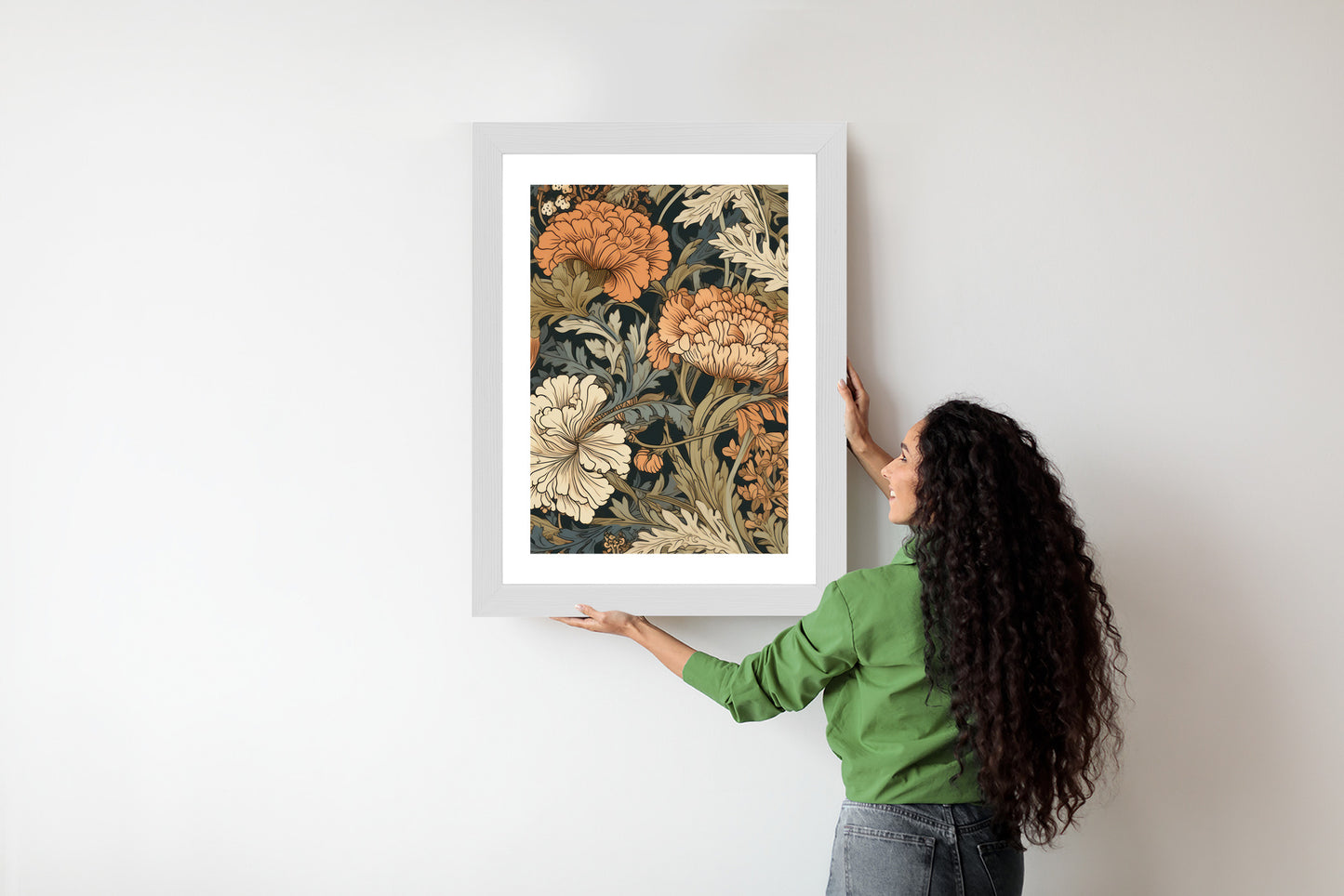 Poster Retro-Vintage-Blumen Und Blätter Rahmen Holz Mit Passepartout Farbe Natürlich
