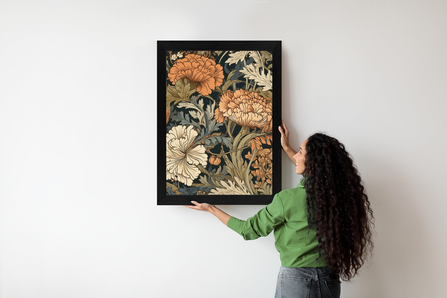 Poster Retro-Vintage-Blumen Und Blätter Rahmen Holz Mit Passepartout Farbe Natürlich