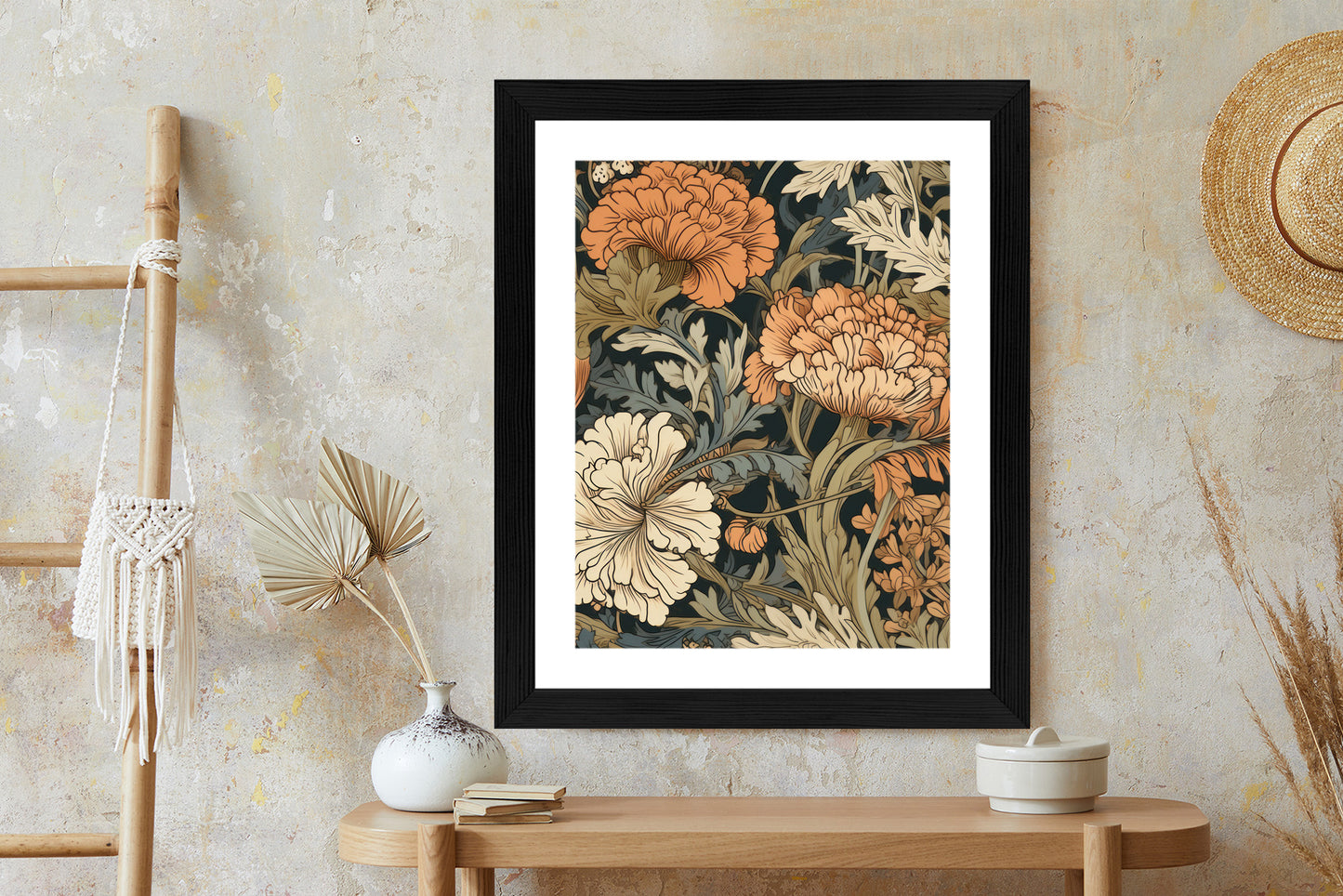 Poster Retro-Vintage-Blumen Und Blätter Rahmen Holz Mit Passepartout Farbe Natürlich