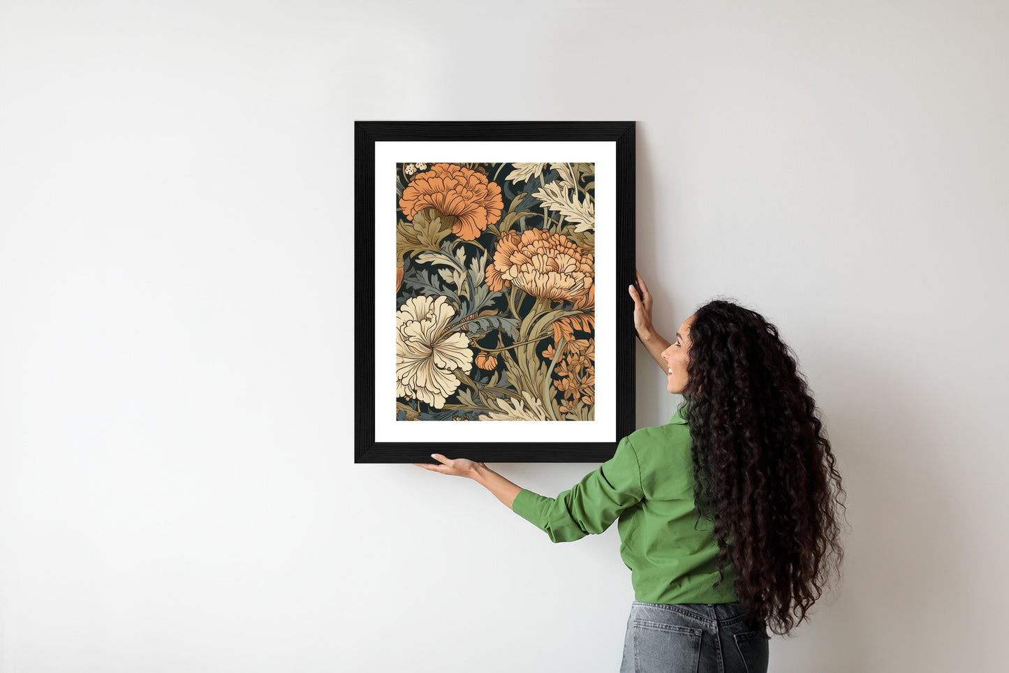 Poster Retro-Vintage-Blumen Und Blätter Rahmen Holz Mit Passepartout Farbe Natürlich