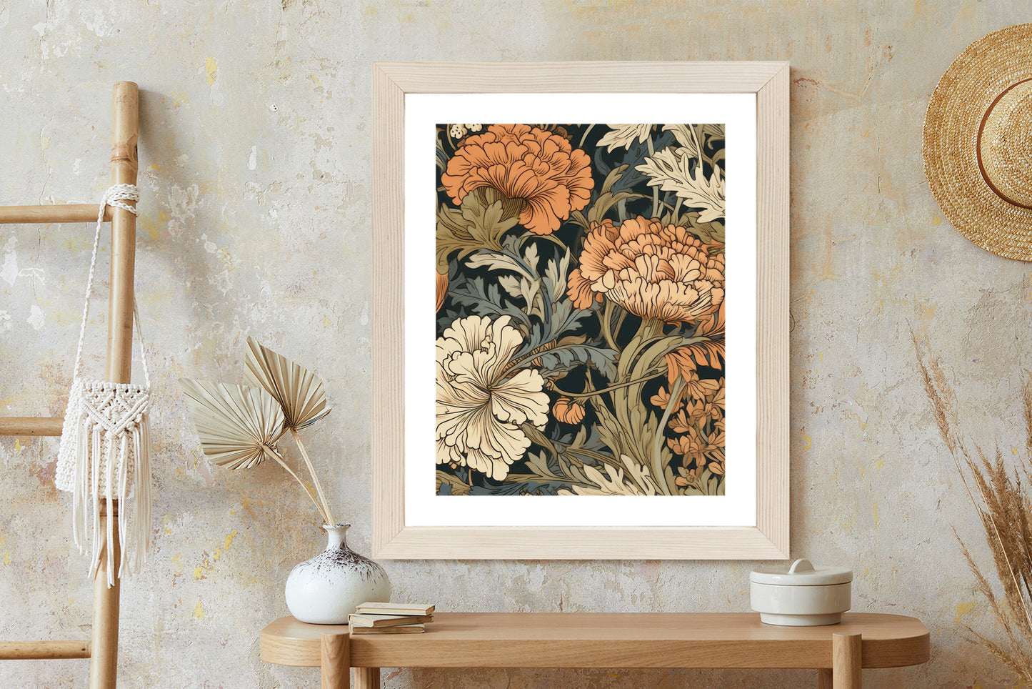 Poster Retro-Vintage-Blumen Und Blätter Rahmen Holz Mit Passepartout Farbe Natürlich