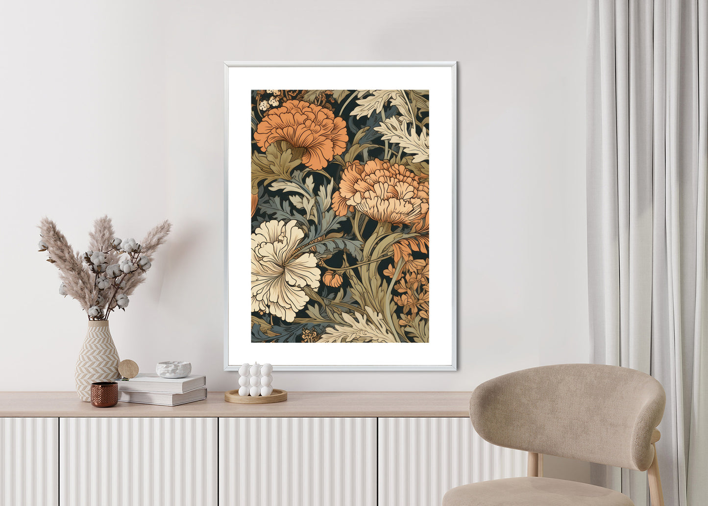 Poster Retro-Vintage-Blumen Und Blätter Rahmen Holz Mit Passepartout Farbe Natürlich